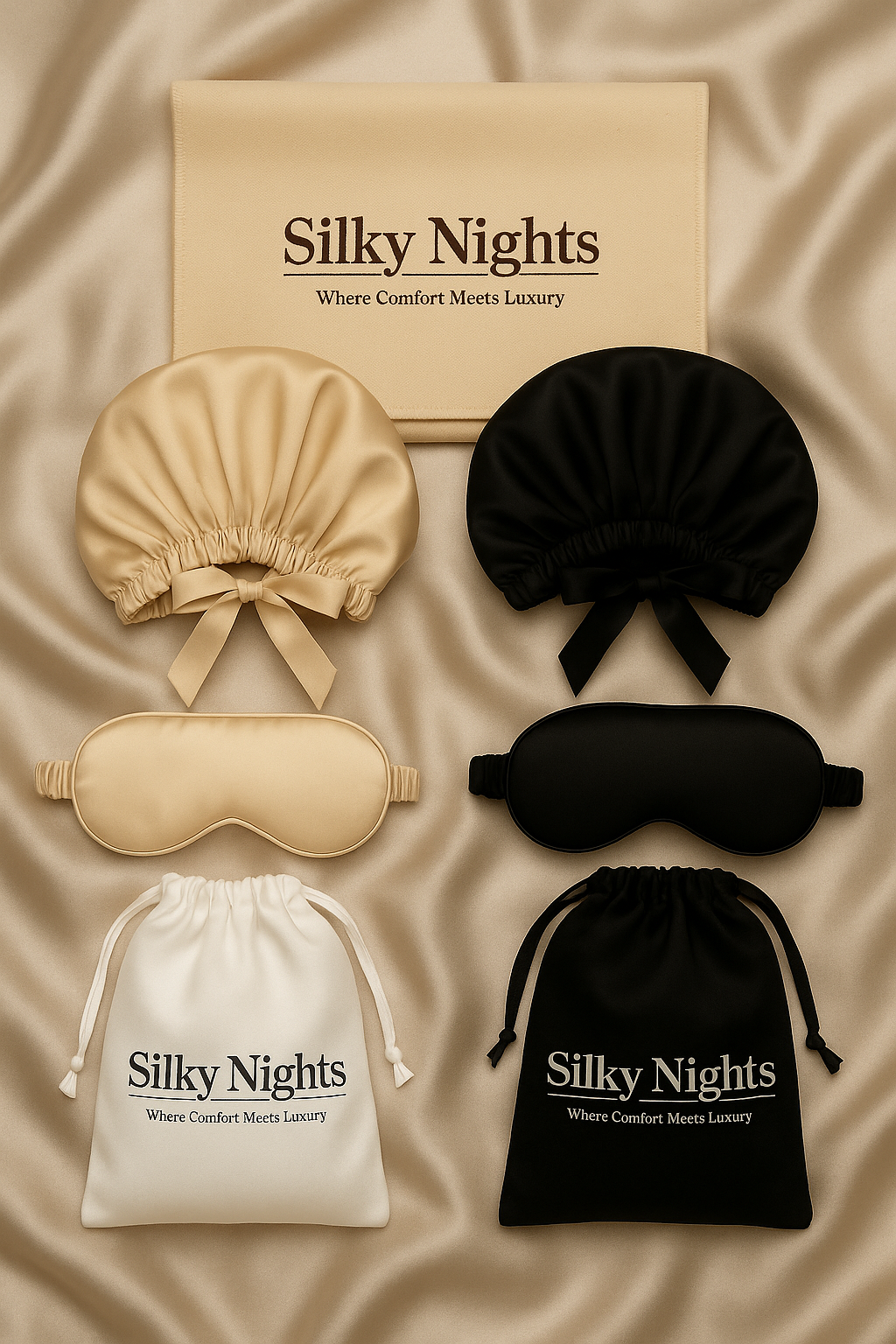 Zijde slaapset (slaapmuts en slaapmasker